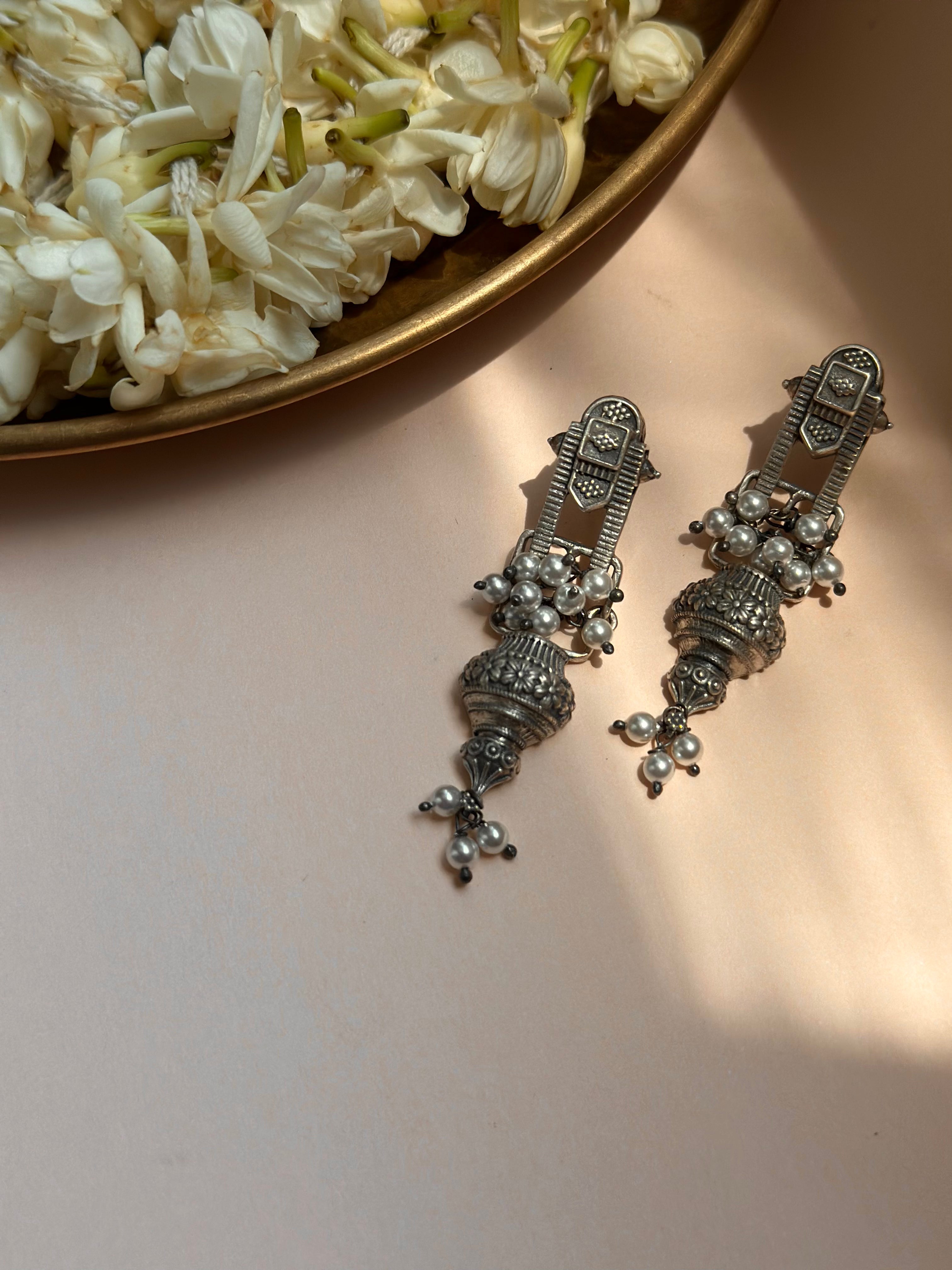 Temple-Inspired Silver Oxidised Earrings with Floral Jhumki